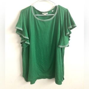 Max Green Flutter Sleeve Top Boho Cottagecore Embroidered Trim Blouse Vibrant 3X